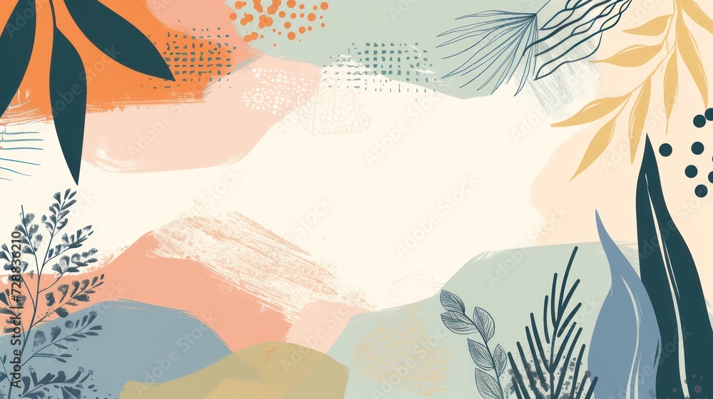 A beautiful boho illustration background adorned with floral and nature decorations in soft pastel colors. 2d vector illustration style.