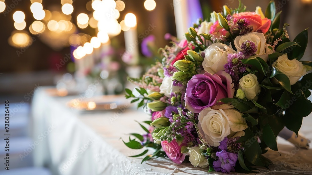 Obraz premium a bouquet of flowers sitting on top of a table next to a candelabra with candles in the background and a chandelabra in the background.