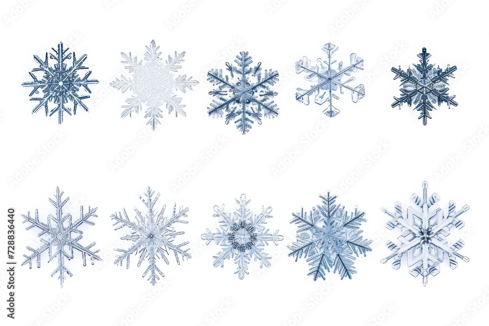 Collection of Unique Snowflake Crystals on White Background in Macro Detail Collection of Unique Snowflake Crystals on White Background in Macro Detail