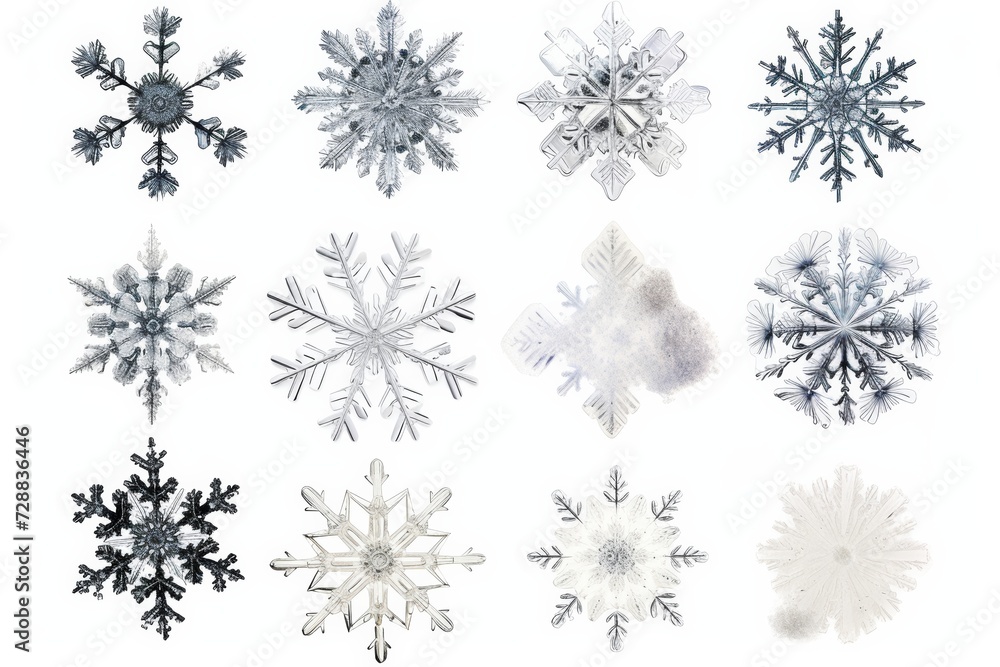 Collection of Unique Snowflake Crystals on White Background in Macro Detail Collection of Unique Snowflake Crystals on White Background in Macro Detail