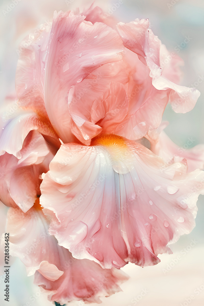 beautiful art with soft lavender -peach fuzz  iris flower with water drops against abstract  background. close up. paint watercolor style. Ai generated