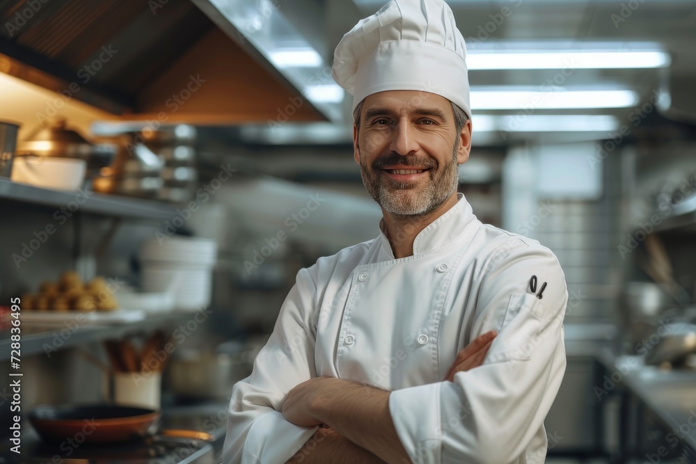 Smiling Middle-Aged Male Chef with Arms Crossed in Professional Kitchen