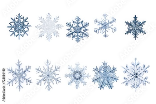 Collection of Unique Snowflake Crystals on White Background in Macro Detail