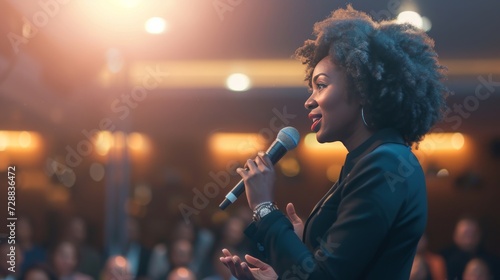 Confident Afro-American Businesswoman Delivering Keynote Speech at Diverse Corporate Conference