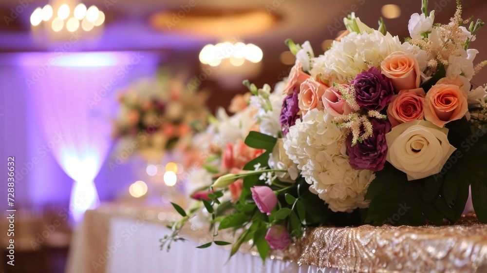 Obraz premium a bouquet of flowers sitting on top of a table in front of a purple and white lite up room with a chandelier on the side of the room.