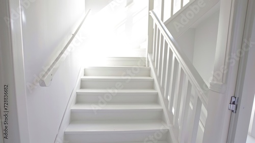  a set of white stairs leading up to a light coming in from the far end of the room on the far end of the stairs is a white painted wall. © Anna