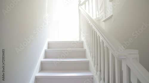  a set of white stairs leading up to a window with a light coming through the window on the far side of the stair case, and a white railing on the far side of the. © Anna