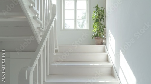  a white staircase with a potted plant on the top of it and a potted plant on the far end of the stair case, in front of the room. © Anna