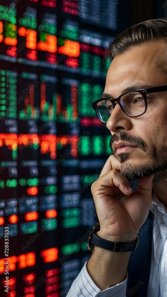 Man, crypto / forex / financial researcher thinking with a dashboard in the background Man, crypto / forex / financial researcher thinking with a dashboard in the background
