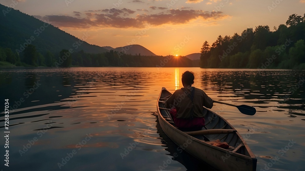 Man in a canoe on a lake during sunset