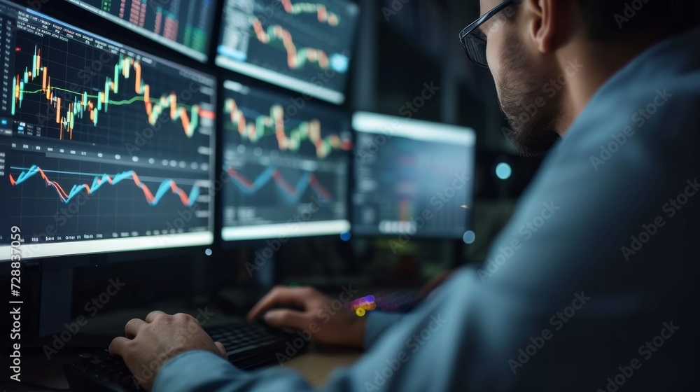 Fototapeta premium Close-up of a Financial Analyst Using Computer with Multiple Screens Showing Stock Trading Data and Financial Charts