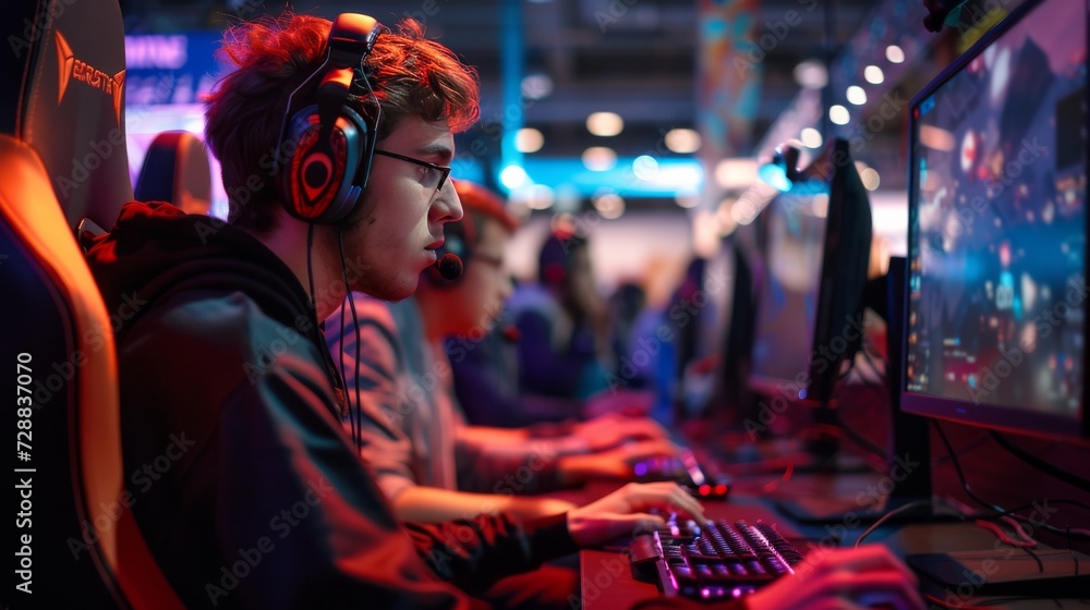 Competitive Gamers at a Vibrant E-Sports Gaming Expo Featuring High-Tech Computer Stations and Intense Multiplayer Action