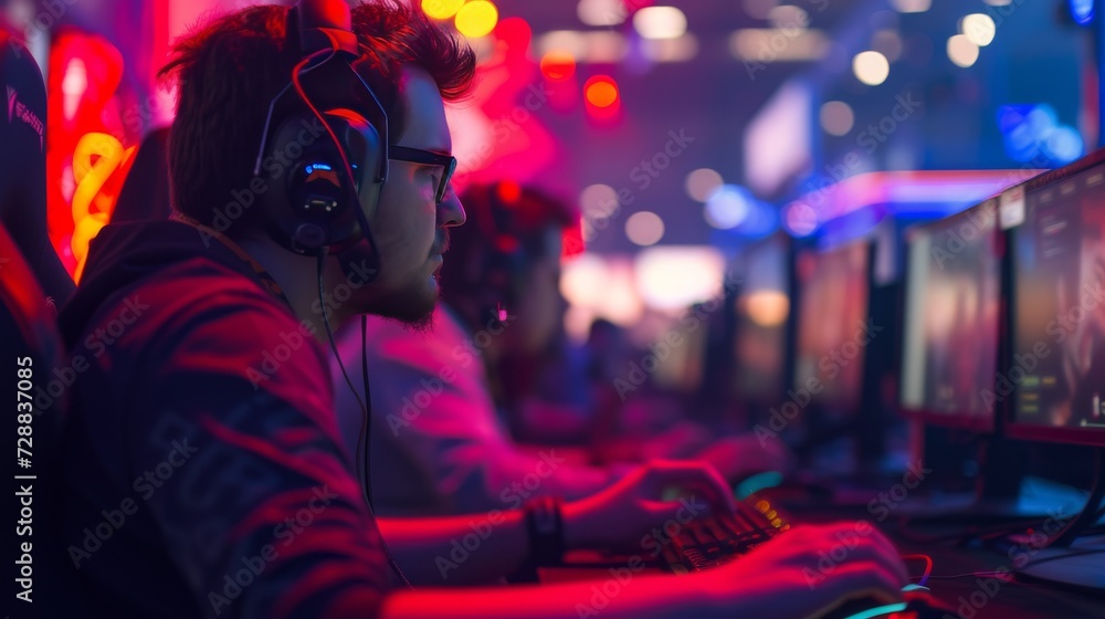 Competitive Gamers at a Vibrant E-Sports Gaming Expo Featuring High-Tech Computer Stations and Intense Multiplayer Action