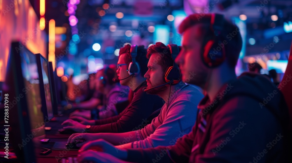 Competitive Gamers at a Vibrant E-Sports Gaming Expo Featuring High-Tech Computer Stations and Intense Multiplayer Action Competitive Gamers at a Vibrant E-Sports Gaming Expo Featuring High-Tech Computer Stations and Intense Multiplayer Action