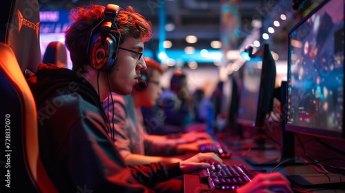 Competitive Gamers at a Vibrant E-Sports Gaming Expo Featuring High-Tech Computer Stations and Intense Multiplayer Action