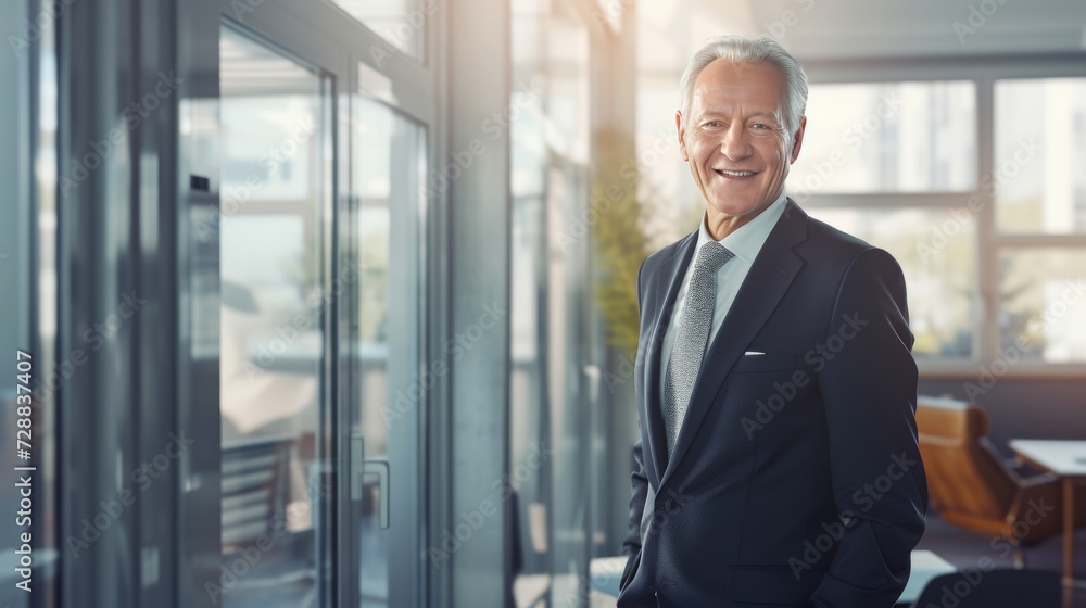 Fototapeta premium Confident Mature Businessman with a Warm Smile Standing in a Modern Office Environment