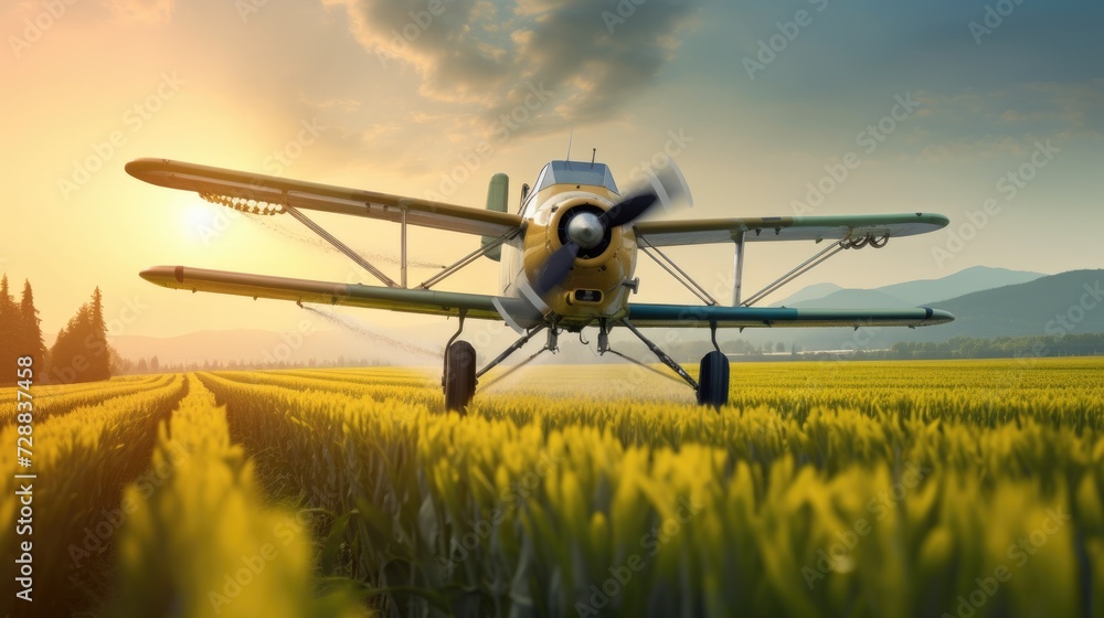 Plane Spraying Pesticides on Harvest Fields During Spring. Generative AI. Plane Spraying Pesticides on Harvest Fields During Spring. Generative AI.