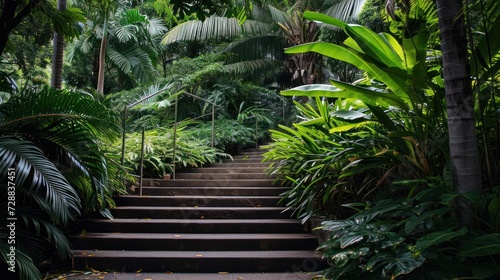  a set of steps that lead up to a lush green forest filled with lots of trees and plants on either side of the steps is a set of stone steps that lead up to the.