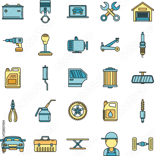 Auto mechanic labor icons set. Outline set of auto mechanic labor vector icons thin line color flat on white