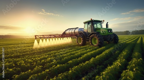 Tractor Spraying Pesticides on Harvest Fields During Spring. Generative AI.