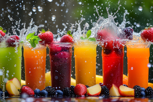 a glass filled with lots of fruit next to lemons and strawberries with water splashing out of it. Illustration of fresh fruit juices with water splashes on a dark background garnished with lots  photo