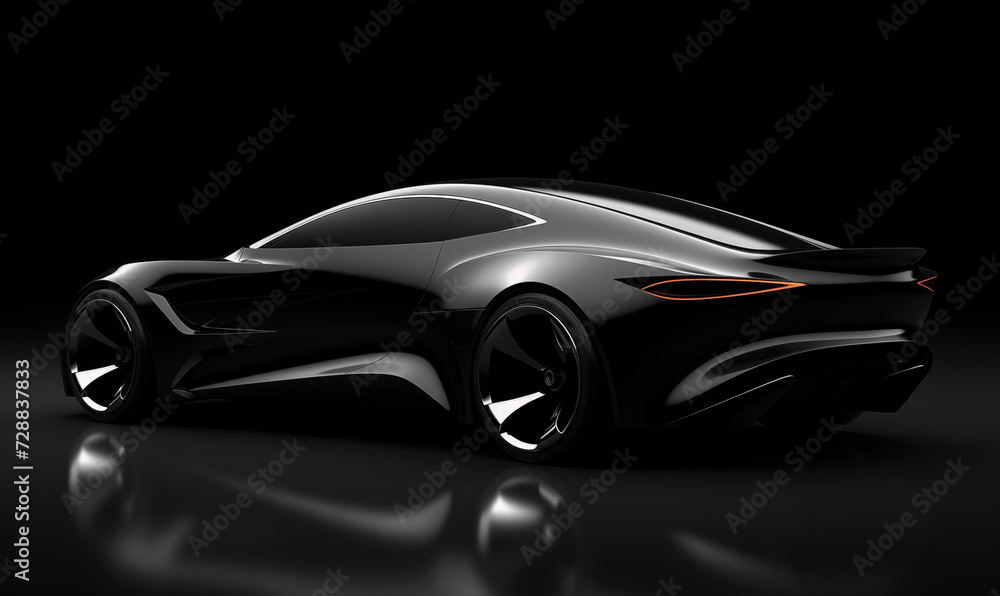 Black luxury sports car. Generic brandless black car with reflection, side view. copy space. Black luxury sports car. Generic brandless black car with reflection, side view. copy space.