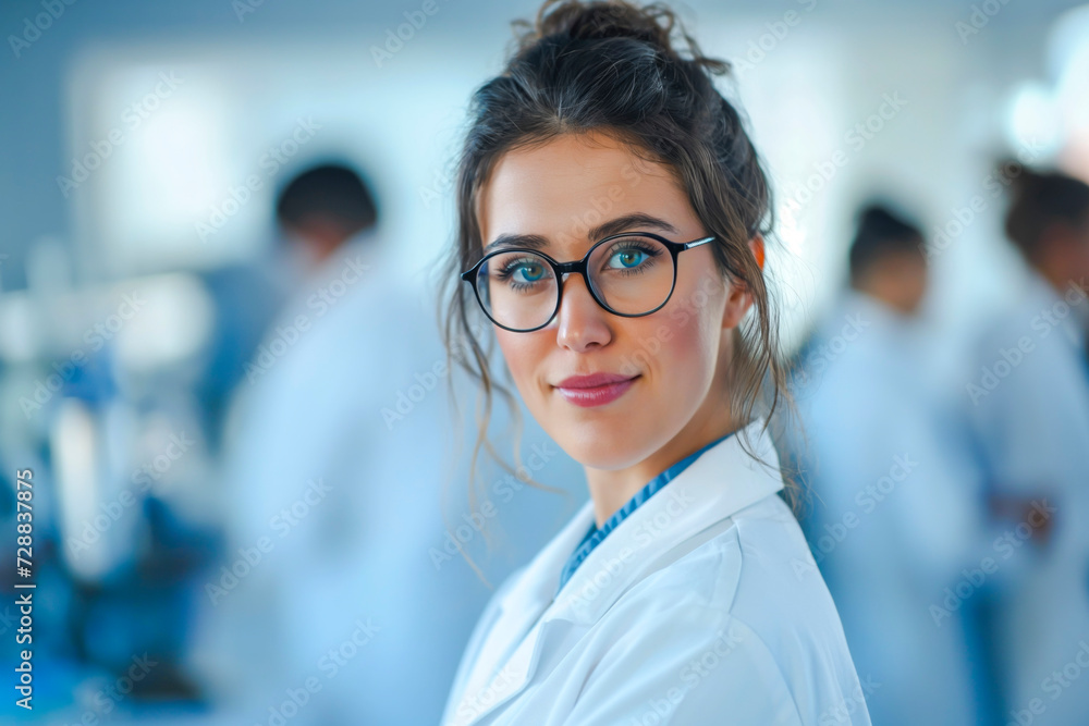 Fototapeta premium Beautiful young woman scientist wearing white coat and glasses in modern Medical Science Laboratory with Team of Specialists on background.