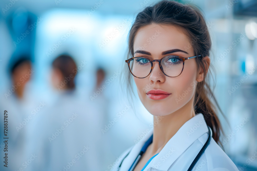 Fototapeta premium Beautiful young woman scientist wearing white coat and glasses in modern Medical Science Laboratory with Team of Specialists on background.