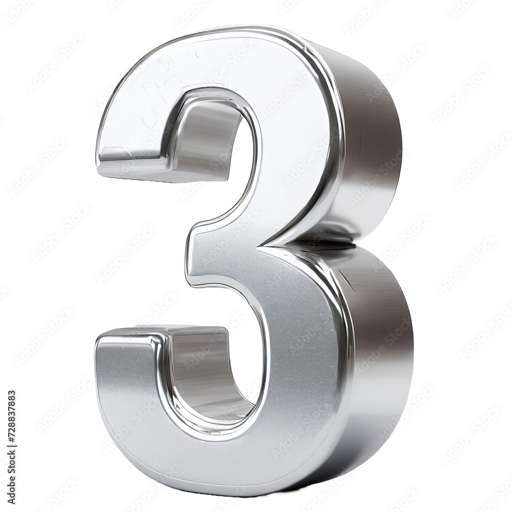 silver number 3 cut out or 3d platinum number 3 isolated on white