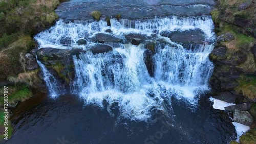 Guarguero waterfalls in winter around the port of Estacas de Trueba. Aerial view from a drone. Espinosa de los Monteros. Pasiegos Valleys. Burgos. Castile and Leon. Spain. Europe photo