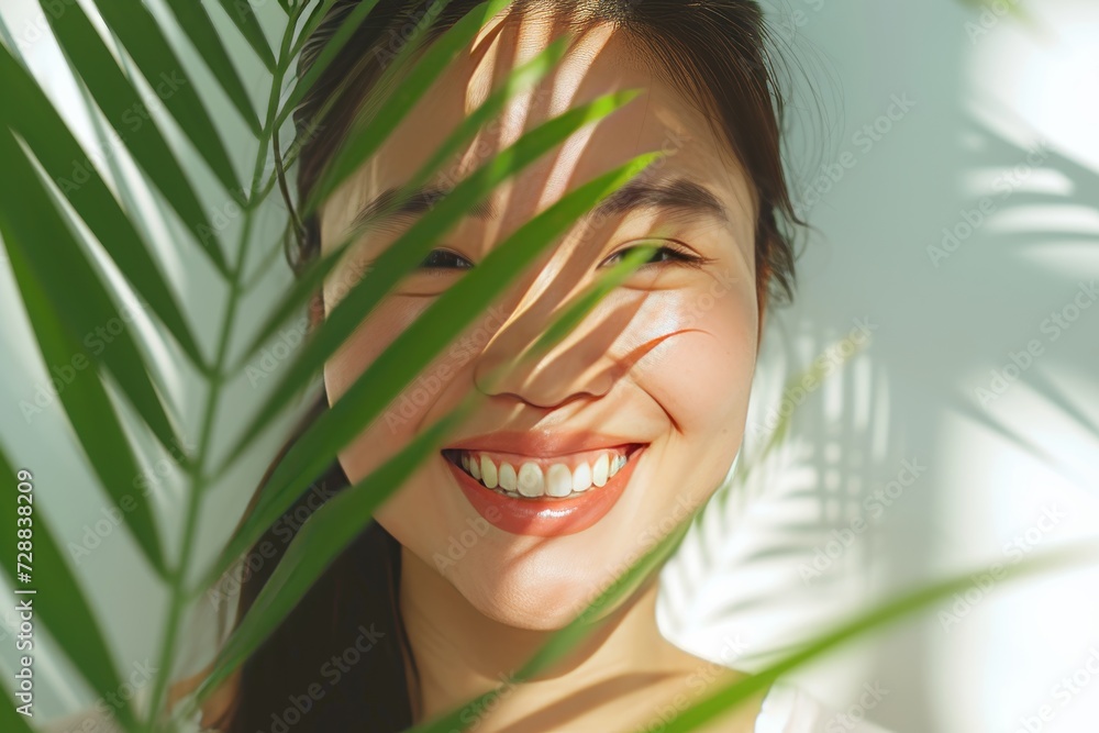 Joyful Asian Woman Smiling with a Lush Green Plant Background Joyful Asian Woman Smiling with a Lush Green Plant Background