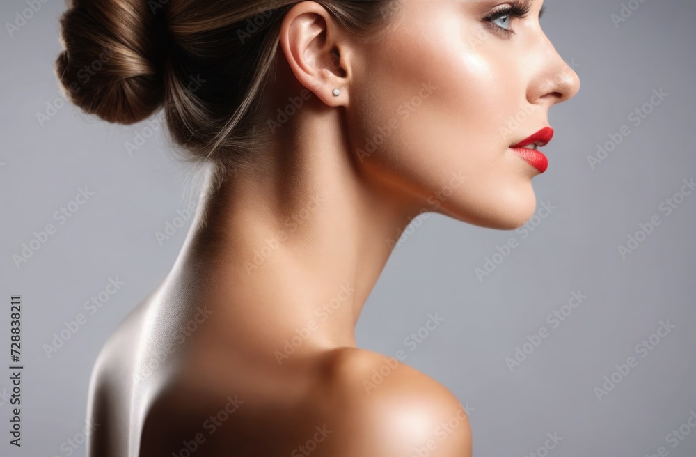 Profile of a woman with elegant makeup and a bun hairstyle, showcasing beauty and sophistication against a neutral background. Profile of a woman with elegant makeup and a bun hairstyle, showcasing beauty and sophistication against a neutral background.