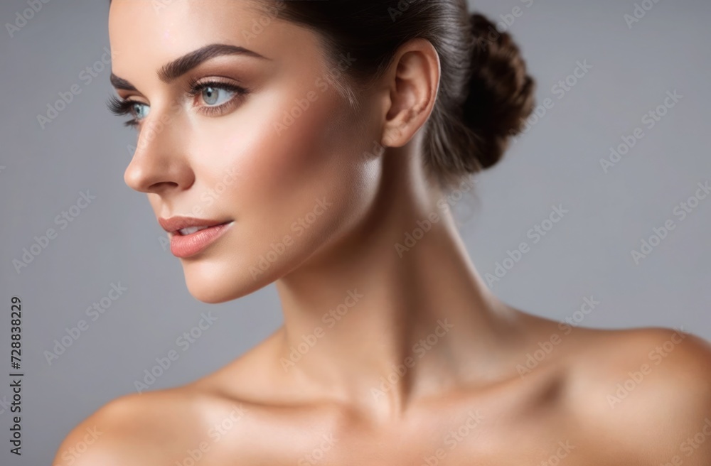 A portrait of a woman with clear skin, natural makeup, and elegant bun hairstyle, showcasing beauty and skincare. A portrait of a woman with clear skin, natural makeup, and elegant bun hairstyle, showcasing beauty and skincare.
