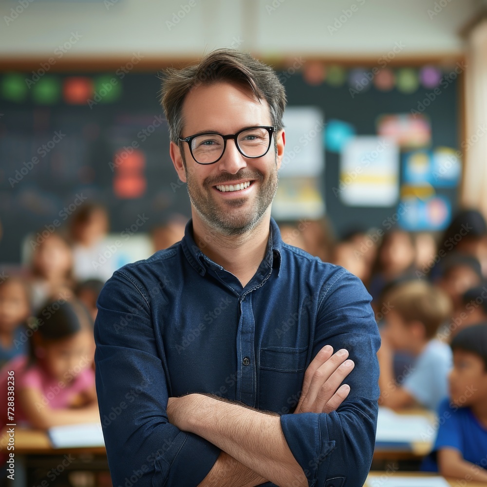 Fototapeta premium Smiling Male Teacher in Glasses with Arms Crossed in Front of a Classroom Full of Eager Elementary School Students