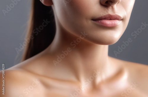 Close-up portrait of a woman's lower face and neck, highlighting her well-defined chin and smooth skin.