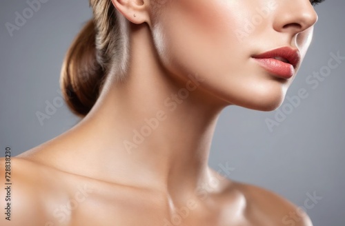Close-up portrait of a woman showcasing flawless skin, defined cheekbones, and natural make-up on a neutral background.