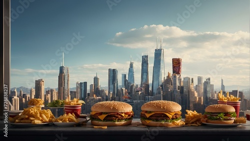 A group of fast food in the shape of a city with a wonderful view of the towers