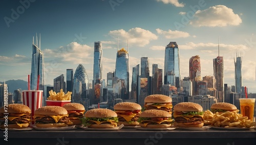 A group of fast food in the shape of a city with a wonderful view of the towers
