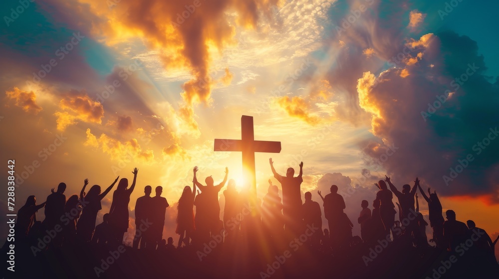 Silhouettes of Worshipers with Uplifted Hands at Sunset Praising before a Christian Cross - obrazy, fototapety, plakaty 