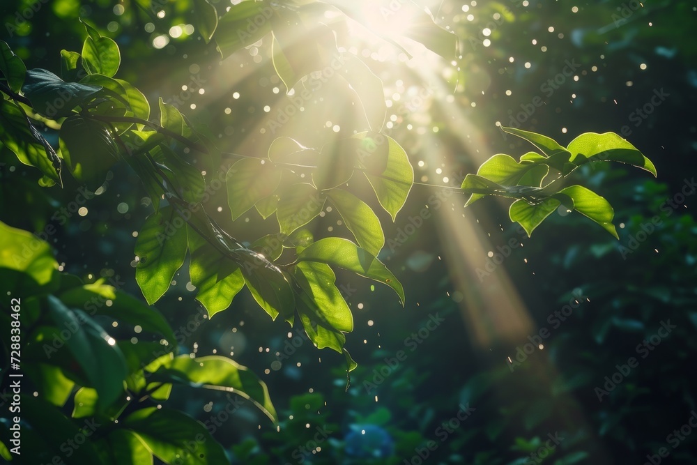 Fototapeta premium Fresh Greenery in Forest with Sunlight Filtering through Leaves
