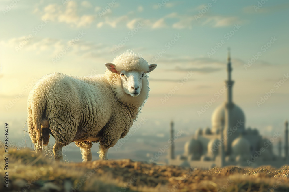 Eid al Adha banner background goat front mosque Eid al Adha banner background goat front mosque