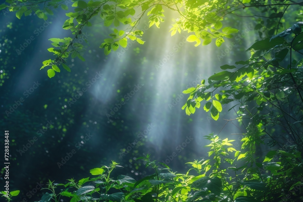 Fototapeta premium Fresh Greenery in Forest with Sunlight Filtering through Leaves