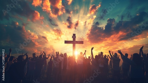 Silhouettes of Worshipers with Uplifted Hands at Sunset Praising before a Christian Cross photo