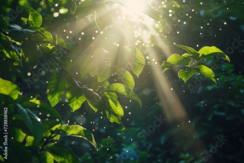 Fresh Greenery in Forest with Sunlight Filtering through Leaves