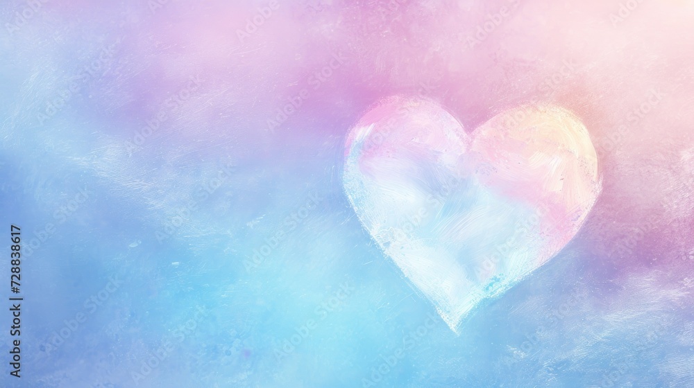  a painting of a heart on a blue, pink, and white background with a pink and blue heart on the left side of the image,