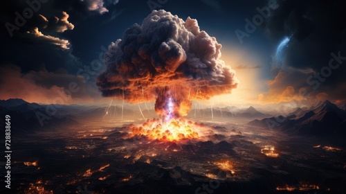 Big explosion with smoke and ash. Eruption. Explosion of a nuclear bomb. Mushroom cloud. Bomb detonation. Attack, war, end of the world. 3d realistic illustration generated. 