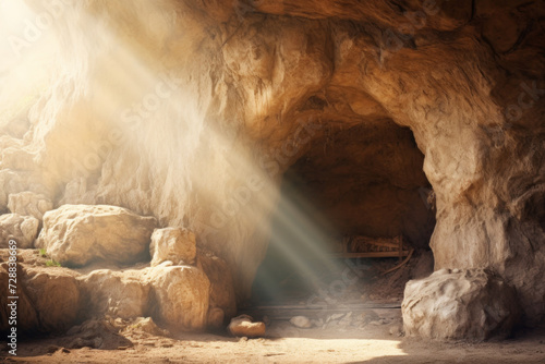 Jesus tomb stone rolled away light inside, cave photo