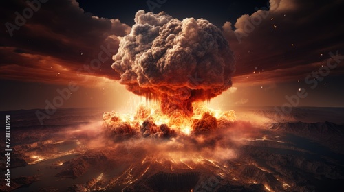 Big explosion with smoke and ash. Eruption. Explosion of a nuclear bomb. Mushroom cloud. Bomb detonation. Attack, war, end of the world. 3d realistic illustration generated. 