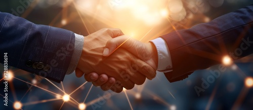 Wide Banner of Business Networking with People Handshaking Incorporated into Digital Connectivity Concept