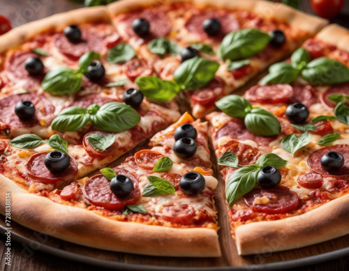 Delicious Pizza with Pepperoni, Olives and Basil